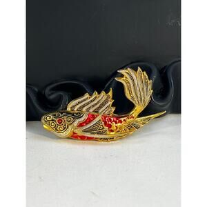 Vintage Koi FIsh Brooch Gold Tone Carp Ornate Toledo Damascene Style 2" Pin